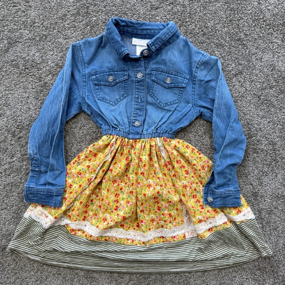 Bonnie Jean Girls Blue Denim Floral Lace Stripe Mixed Media Dress Size 5 B31495
